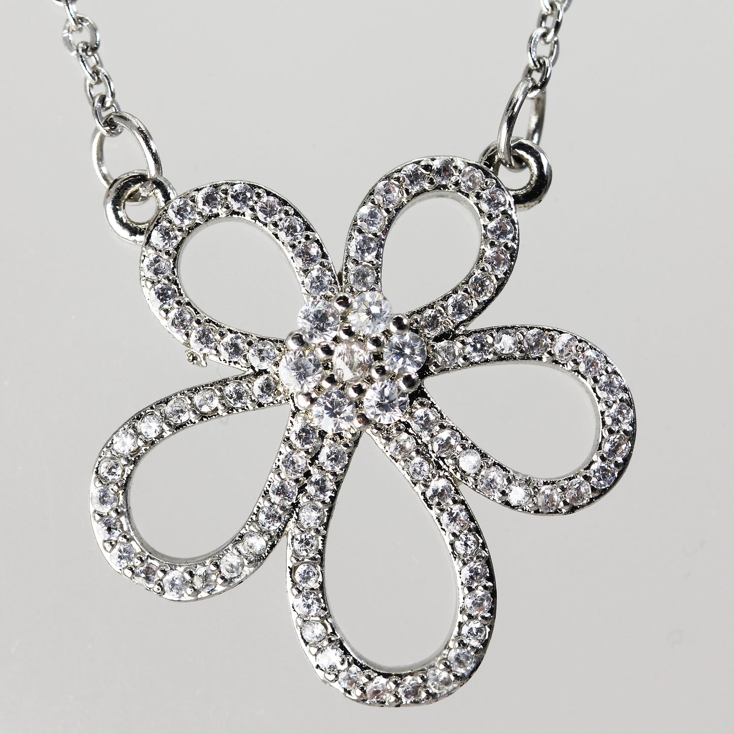 Sterling Silver Clear Stone Flower Necklace - 18"