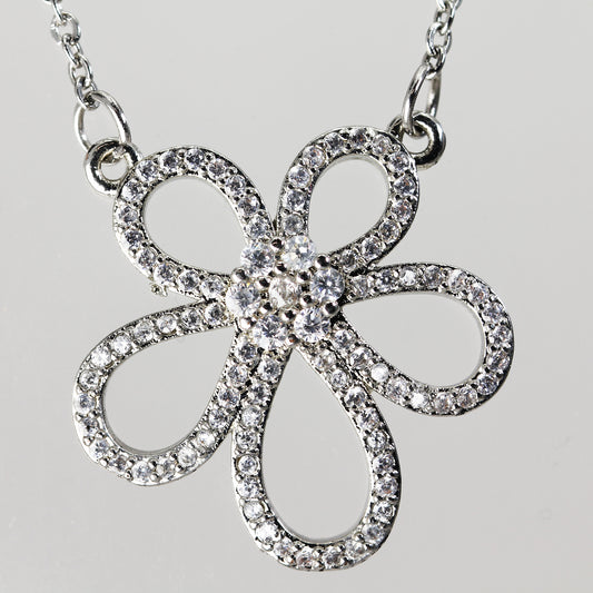Sterling Silver Clear Stone Flower Necklace - 18"