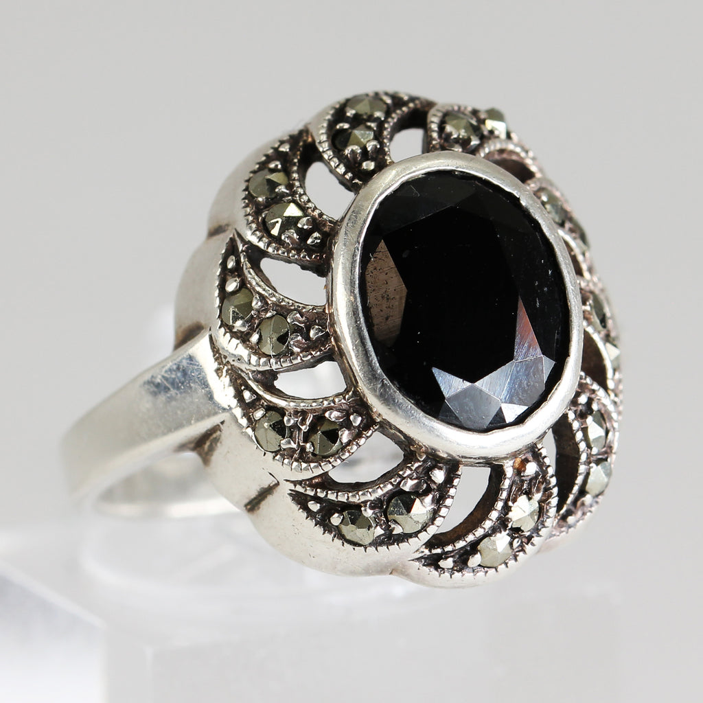 Sterling Silver Marcasite Edwardian Revival Ring - Size 8 1/2