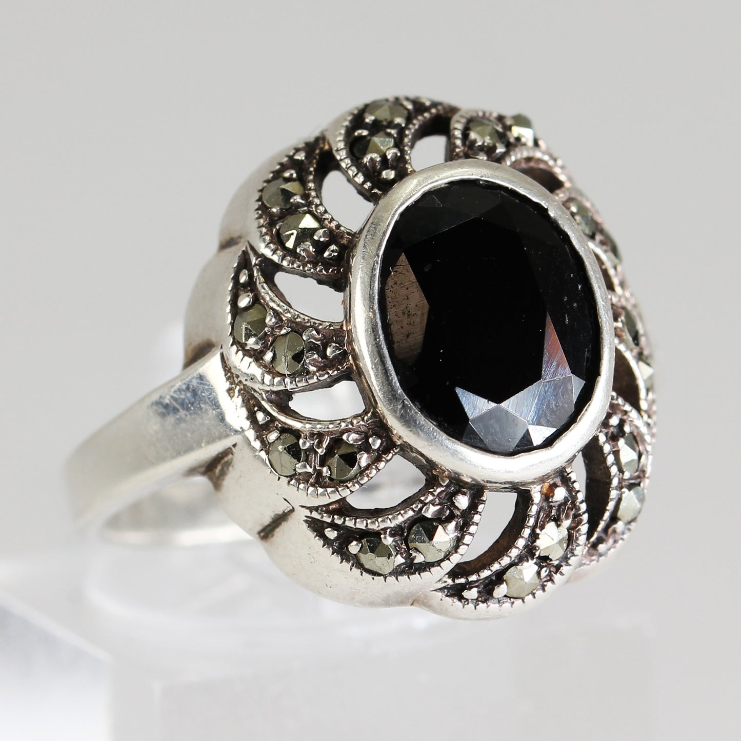 Sterling Silver Marcasite Edwardian Revival Ring - Size 8 1/2