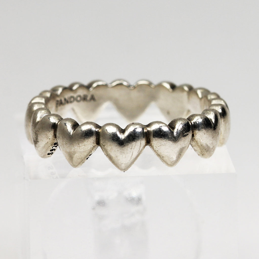 Sterling Silver 'PANDORA' Row of Hearts Ring - Size 5