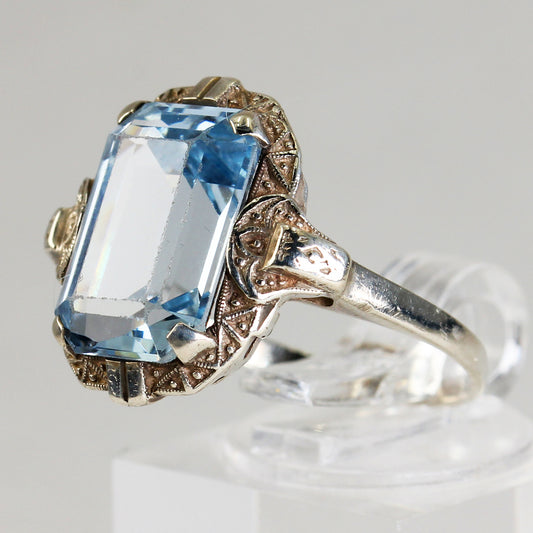 Sterling Silver Blue Art Deco Ring - Size 7