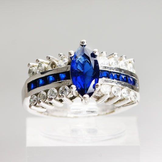 Sterling Silver Blue Marquise Statement Ring - Size 5 1/2