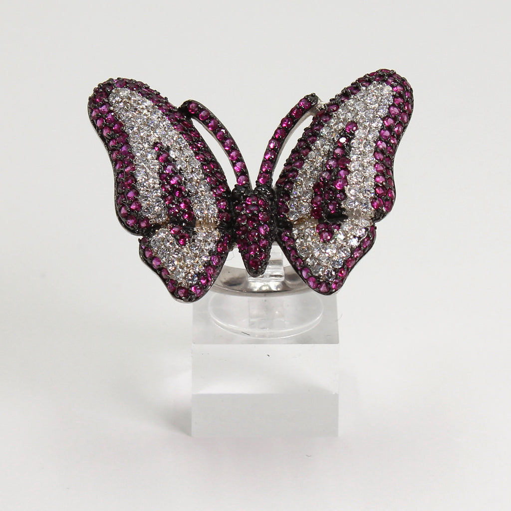 Sterling Silver Pink & Clear Crystal Pave Butterfly Ring - Size 6 1/2