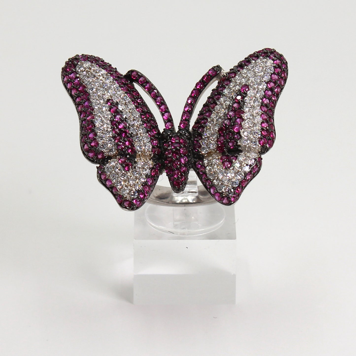 Sterling Silver Pink & Clear Crystal Pave Butterfly Ring - Size 6 1/2