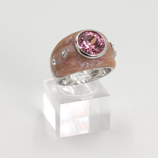 Sterling Silver Rose-Coloured Enamel Ring with Pink Centre Stone - Size 9