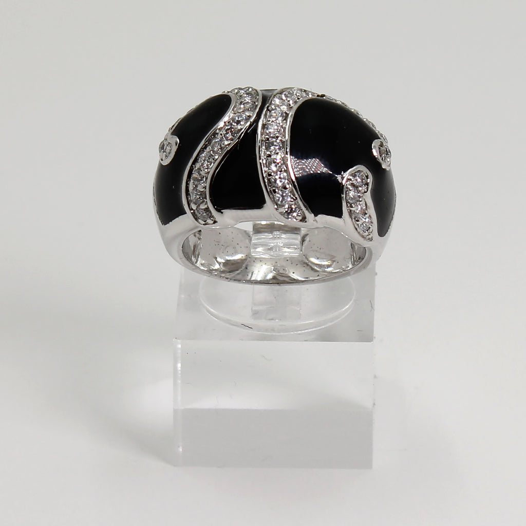 Sterling Silver Black Enameled Statement Ring w Clear Stone Accents - Size 7