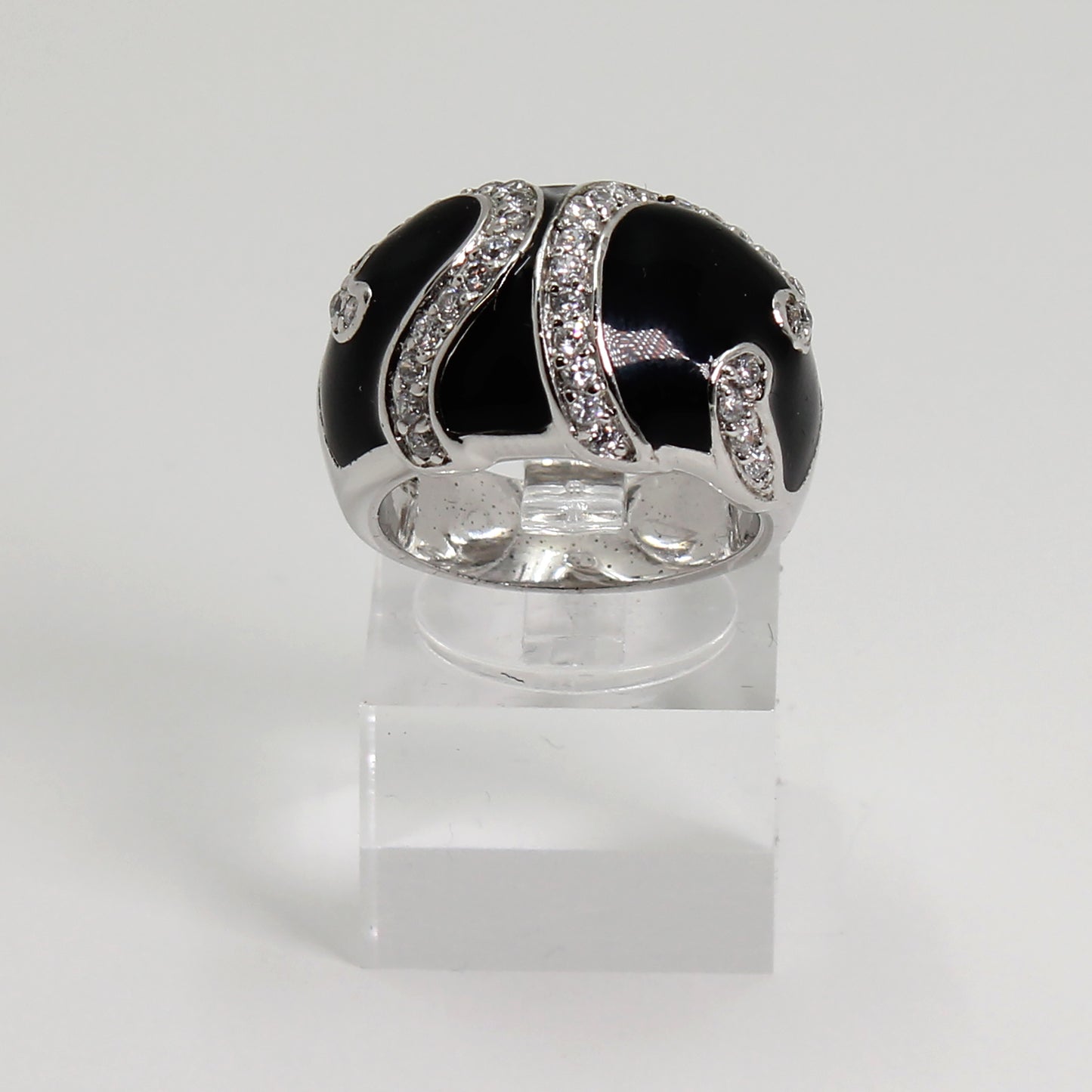 Sterling Silver Black Enameled Statement Ring w Clear Stone Accents - Size 7