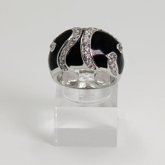 Sterling Silver Black Enameled Statement Ring w Clear Stone Accents - Size 7