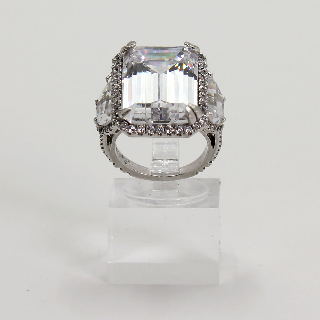 Sterling Silver Emerald-Cut Halo Ring - Size 5 1/2