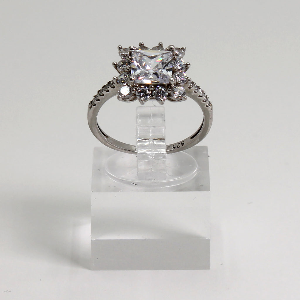 Sterling Silver Clear Stone Princess-Cut Style Statement Ring - Size 7 1/2