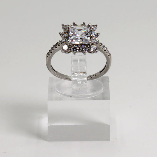 Sterling Silver Clear Stone Princess-Cut Style Statement Ring - Size 7 1/2