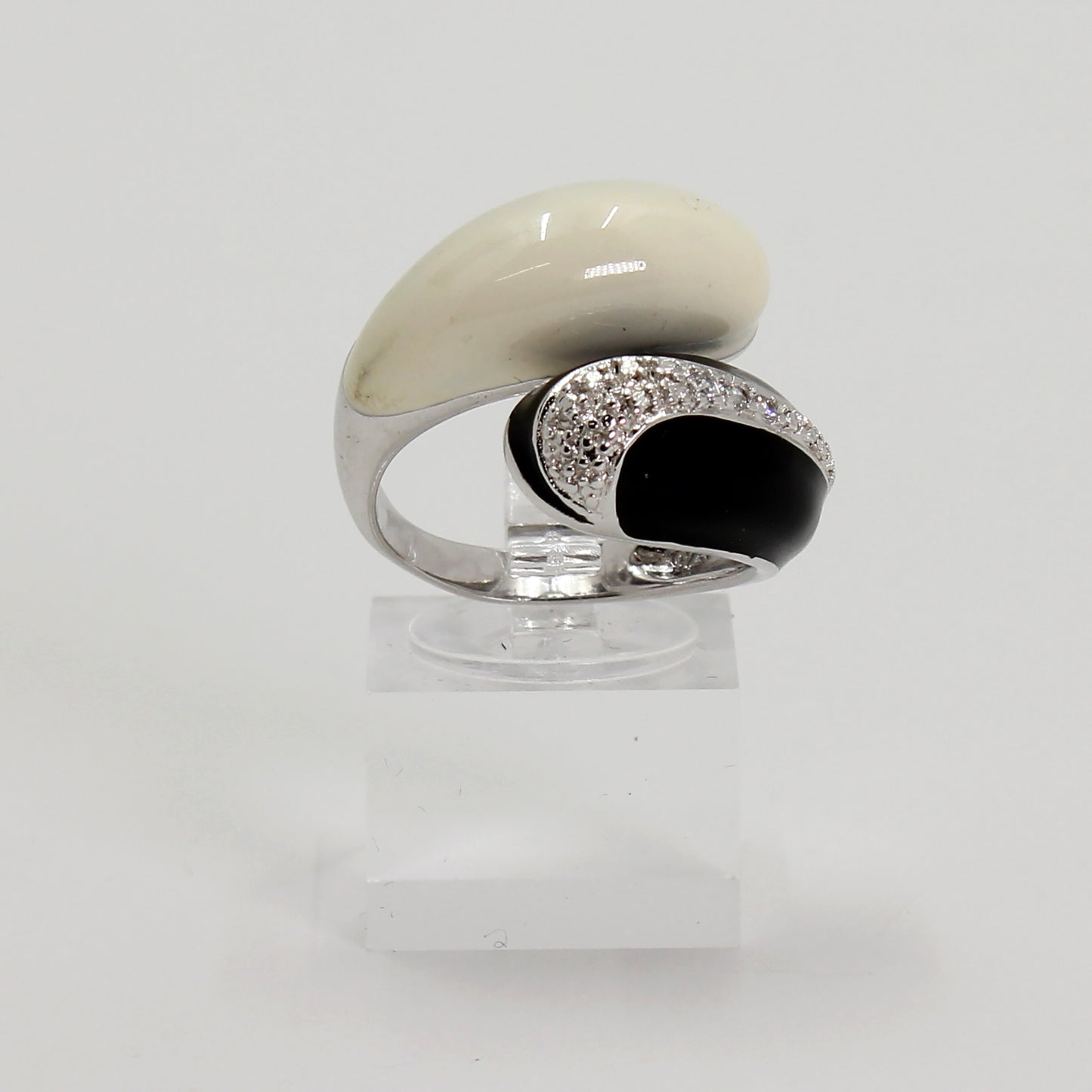 Sterling Silver Enamel Statement Ring w Clear Stone Accents - Size 8