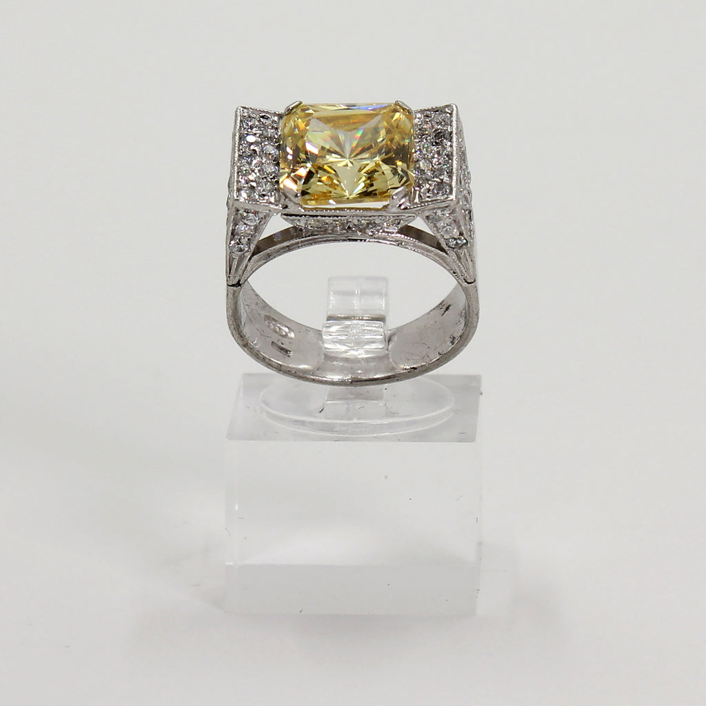 Sterling Silver Yellow & Clear Stone Art Deco Inspired Statement Ring - Size 8