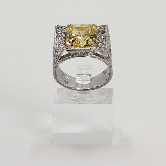 Sterling Silver Yellow & Clear Stone Art Deco Inspired Statement Ring - Size 8