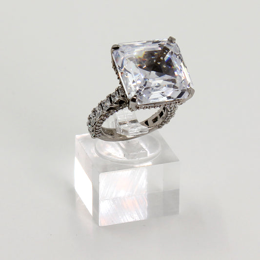 Sterling Silver 'Royal Radiance' w Clear Emerald-Cut Stone Statement Ring - Size 5