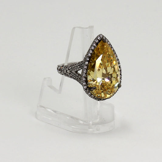 Sterling Silver Pear-Cut Yellow & Clear Stone Halo Ring - Size 6