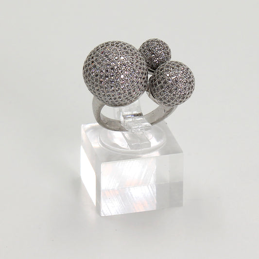 Sterling Silver Triple Pave Sphere Cocktail Ring - Size 6