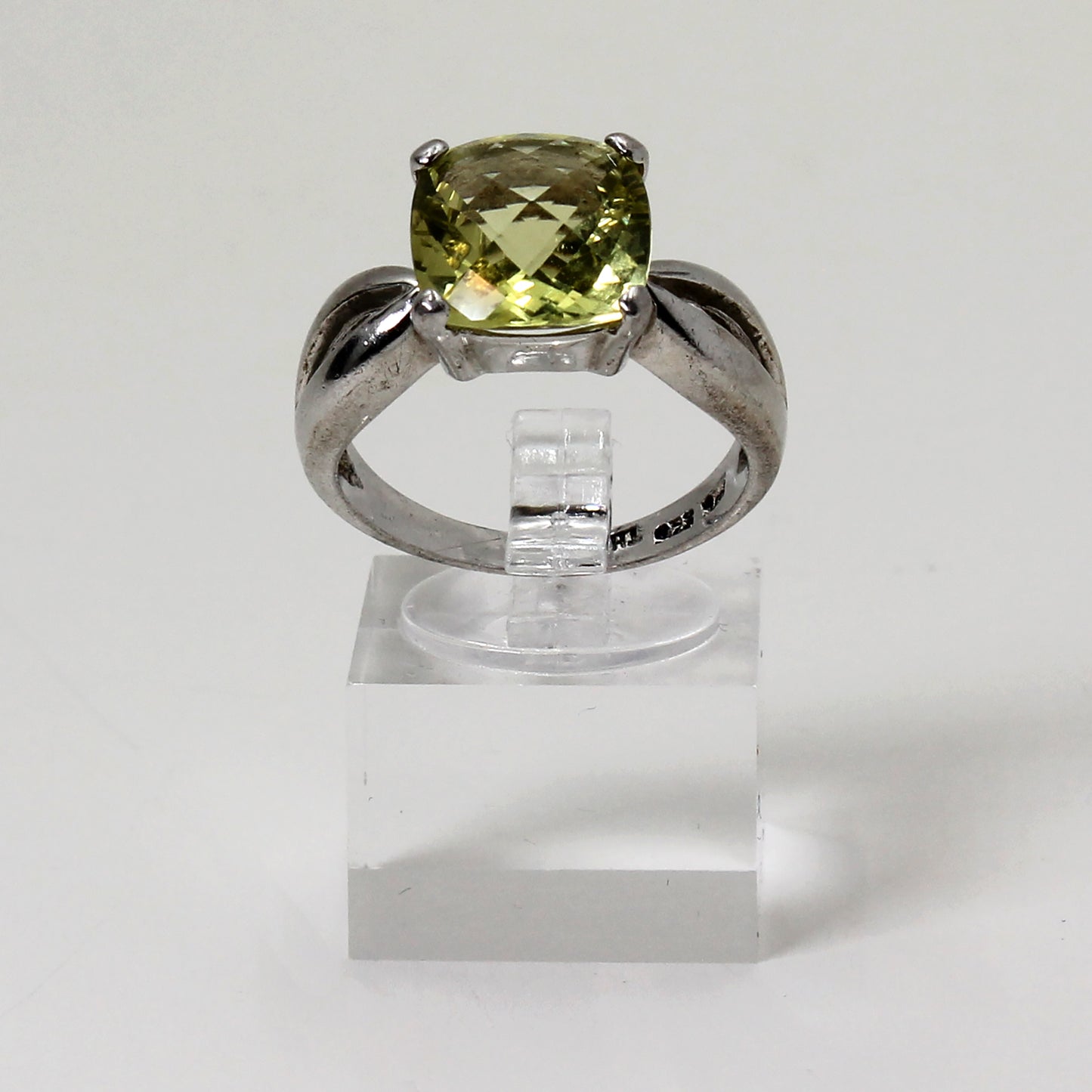 Sterling Silver Yellow Cushion Stone Ring w 'Split' Band Design - Size 9