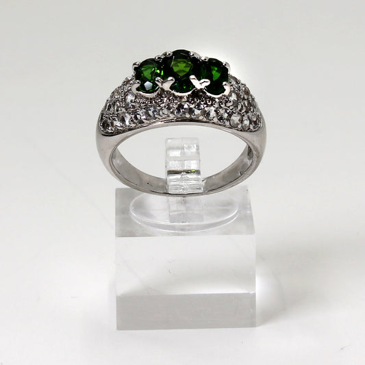 Sterling Silver Triple Oval Green Gemstone Ring w Clear Gemstone Accents - Size 9