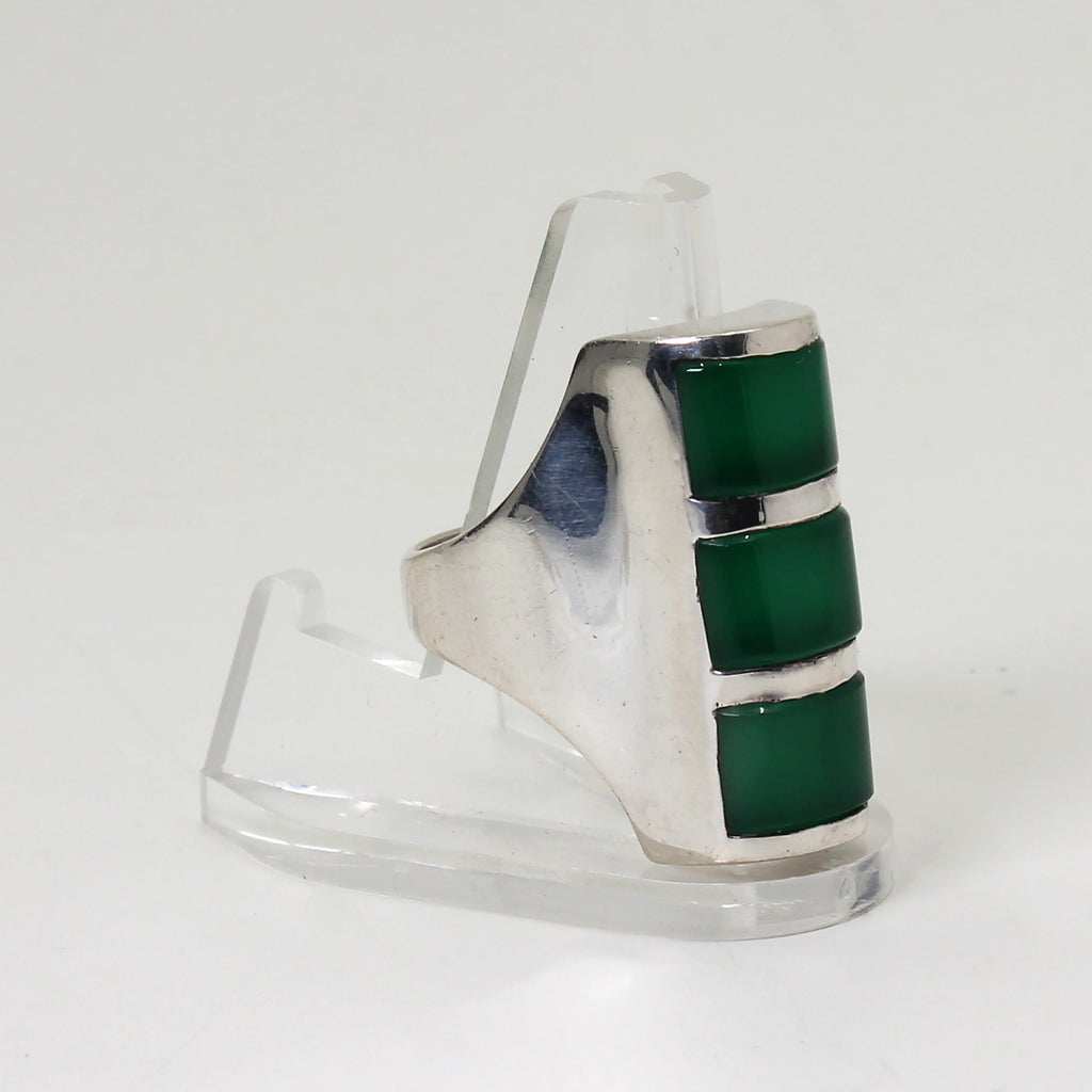 Sterling Silver 3-Segment Green Retro Statement Ring - Size 8.5