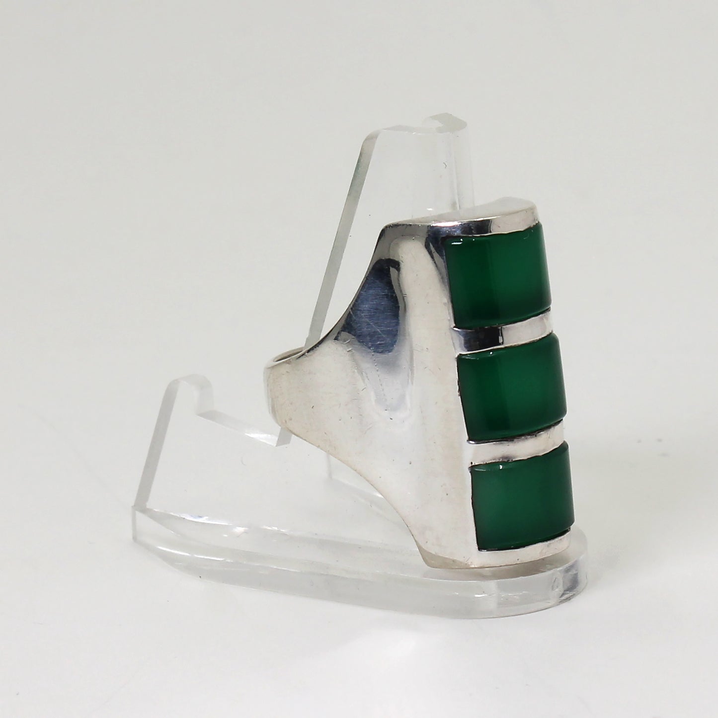 Sterling Silver 3-Segment Green Retro Statement Ring - Size 8.5