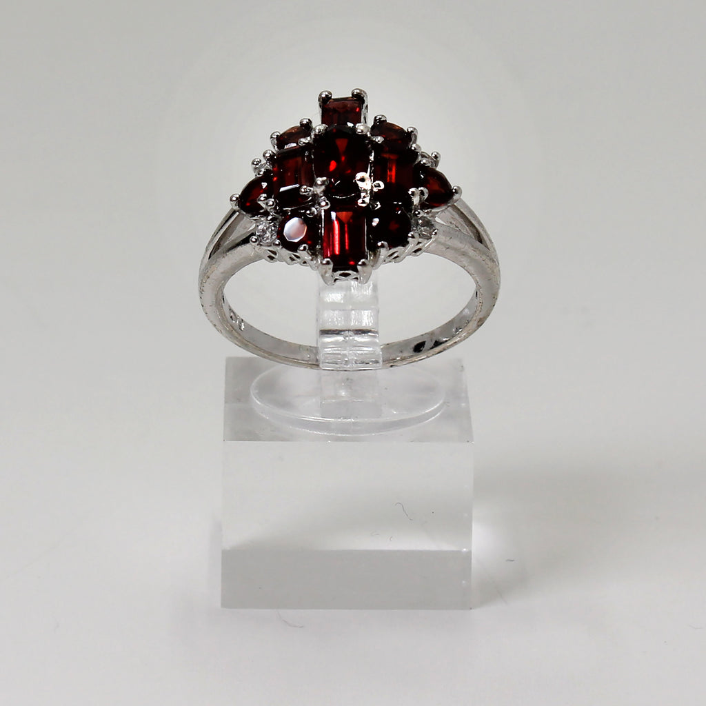 Sterling Silver Dark Red Stone Cluster Ring - Size 10