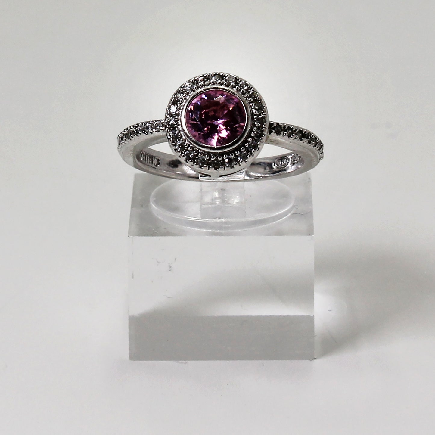 Sterling Silver Pink Halo Gemstone Ring w Clear Stone Accents - Size 7