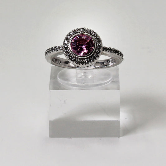 Sterling Silver Pink Halo Gemstone Ring w Clear Stone Accents - Size 7