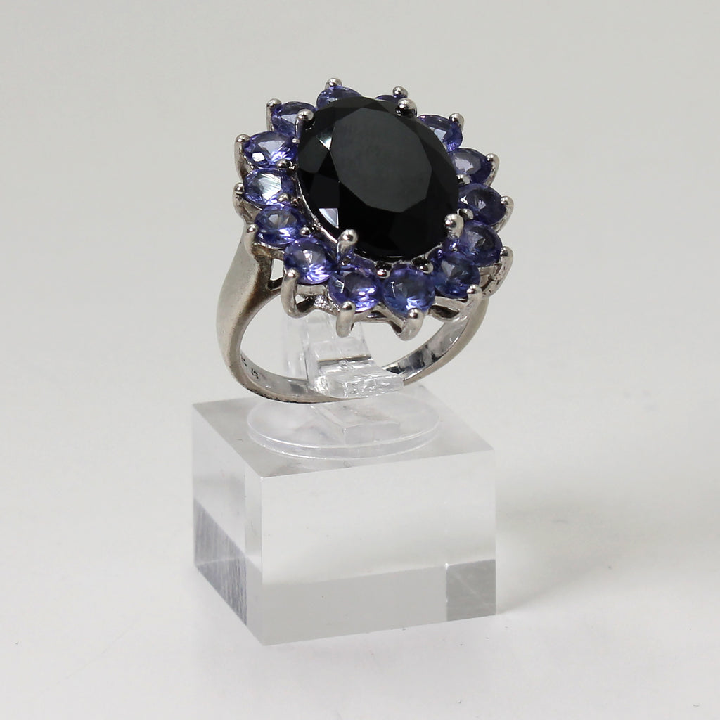Sterling Silver Black & Purple Gemstone Flower-Design Ring - Size 8