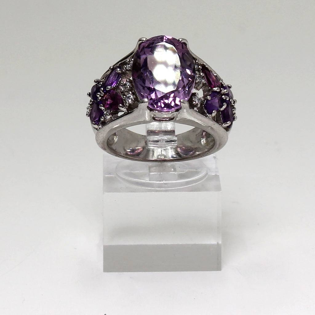 Sterling Silver Purple Gemstone Ring w Purple Floral Band - Size 7