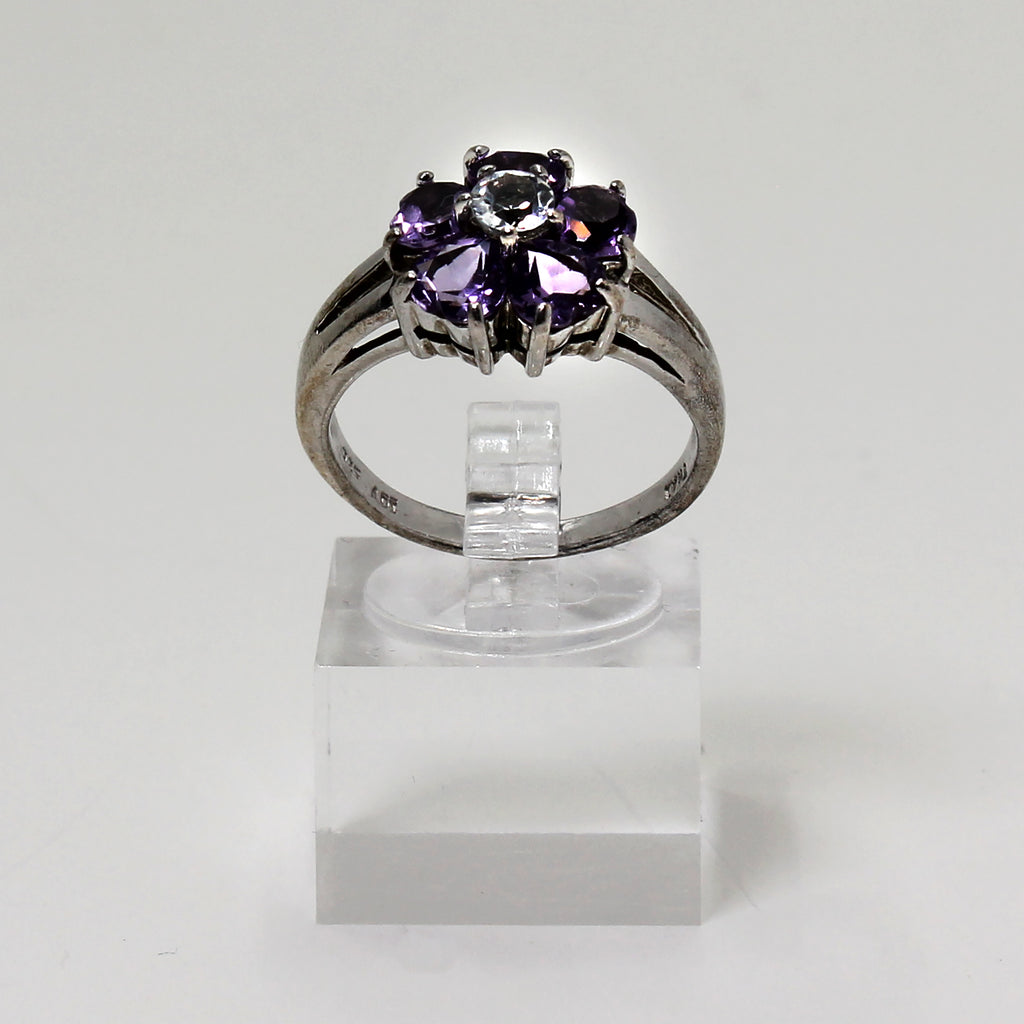 Sterling Silver Purple & Clear Gemstone Flower Ring - Size 8