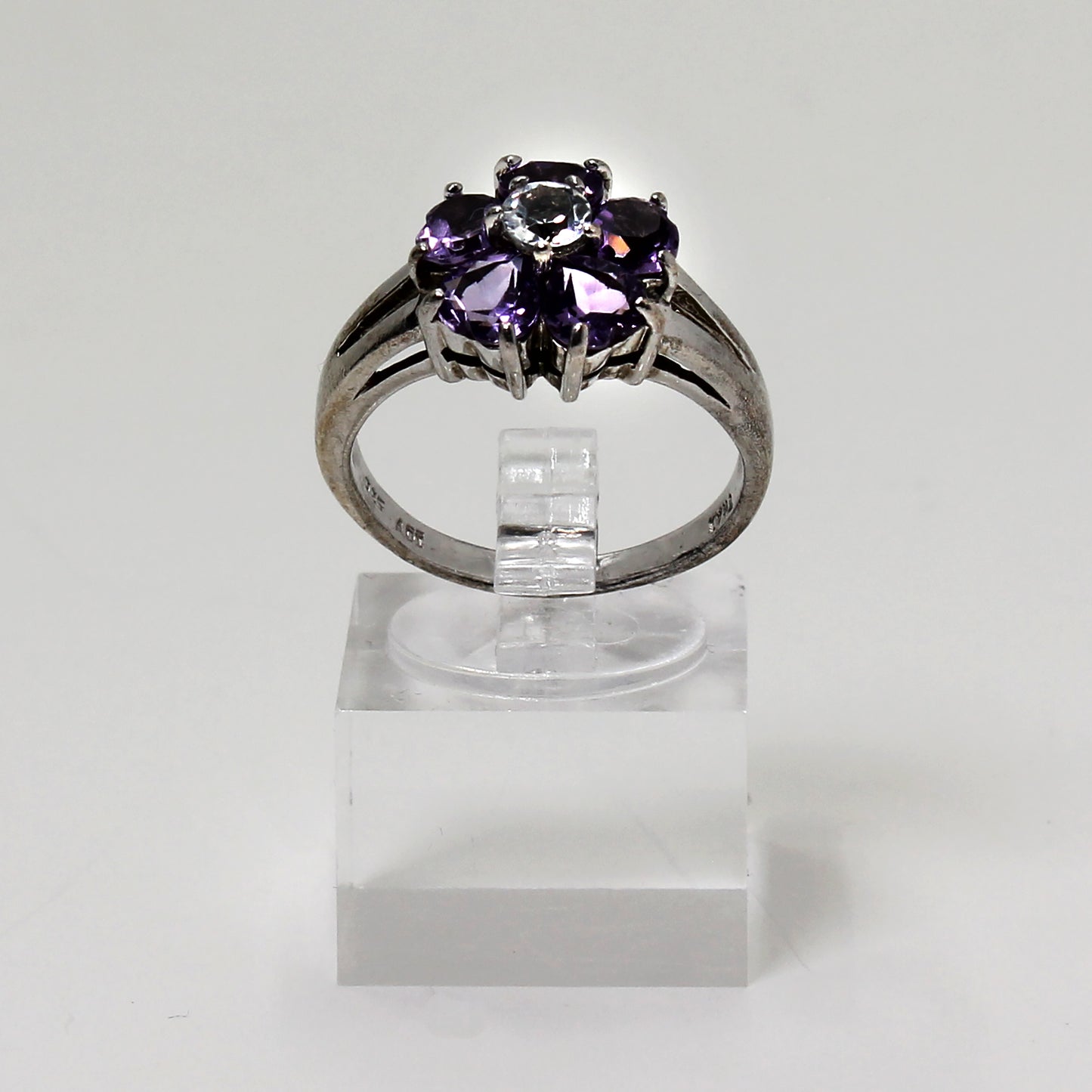 Sterling Silver Purple & Clear Gemstone Flower Ring - Size 8