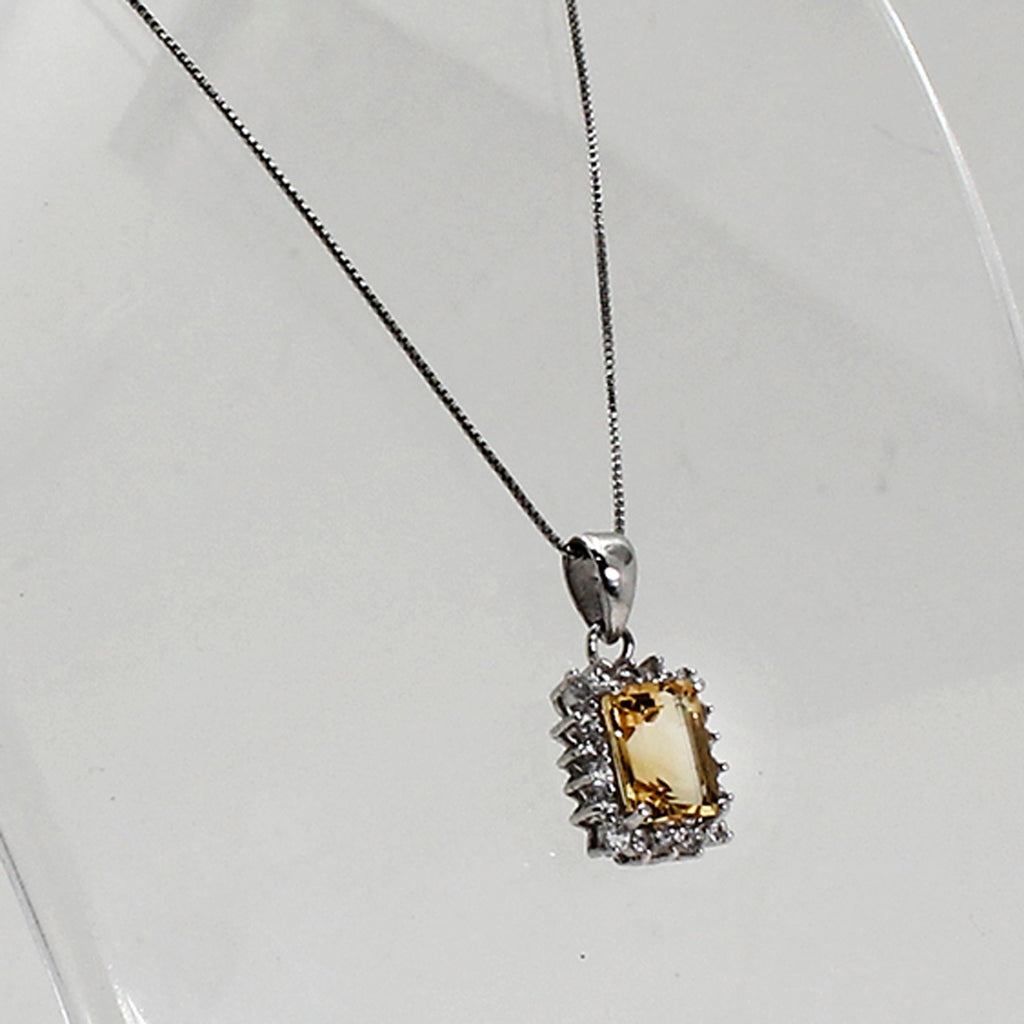 Sterling Silver Yellow Baguette-Style Necklace with Clear Gemstone Accents  - 18"