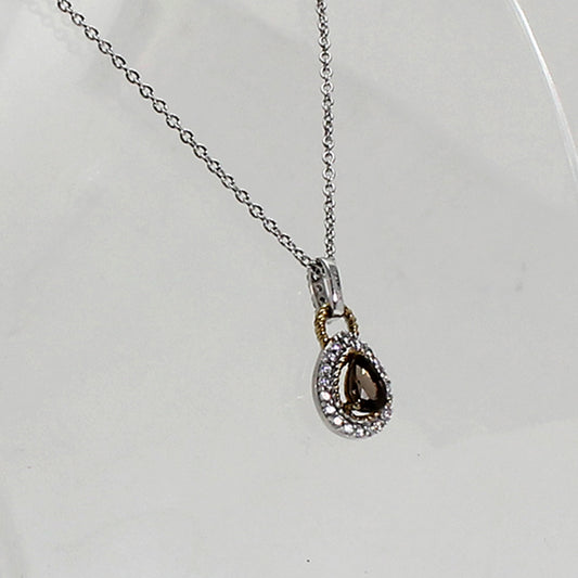 Sterling Silver Necklace w Gold-Plated Brown Gemstone Teardrop Pendant - 18"