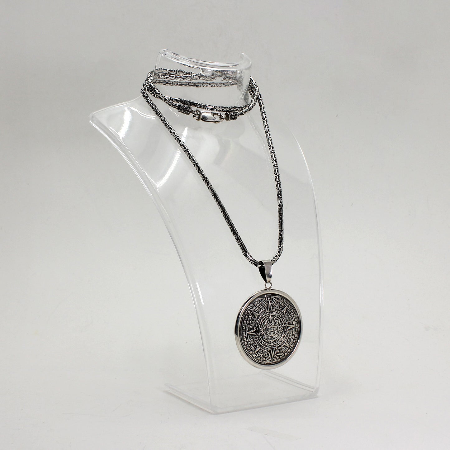 Sterling Silver Aztec Calendar Statement Necklace - 29.5"