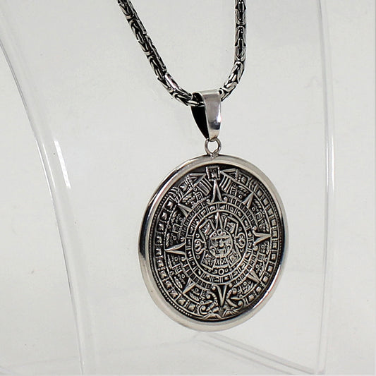 Sterling Silver Aztec Calendar Statement Necklace - 29.5"