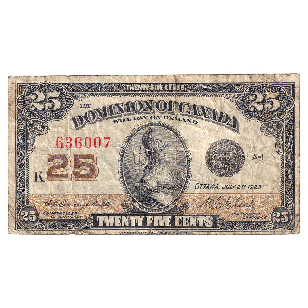 DC-24d 1923 Dominion 25-cent Shinplaster Very Fine (VF20) Tear, Writing or Impaired