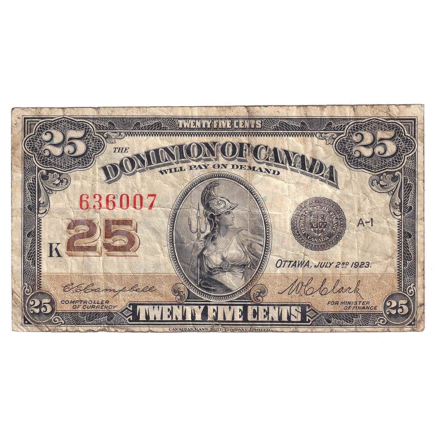 DC-24d 1923 Dominion 25-cent Shinplaster Very Fine (VF20) Tear, Writing or Impaired