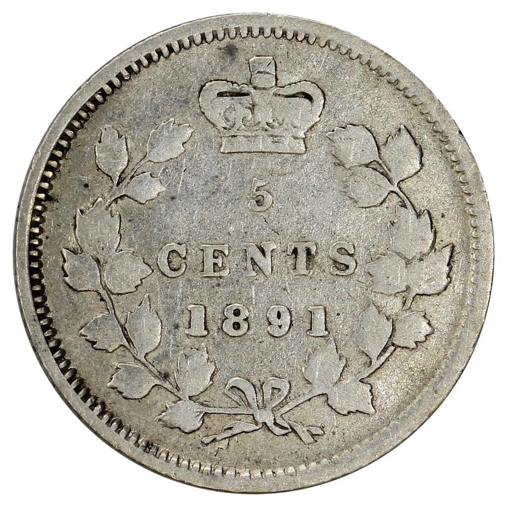 1891 Obv. 2 Canada 5-cents Fine (F12) (Scratched or Spots)
