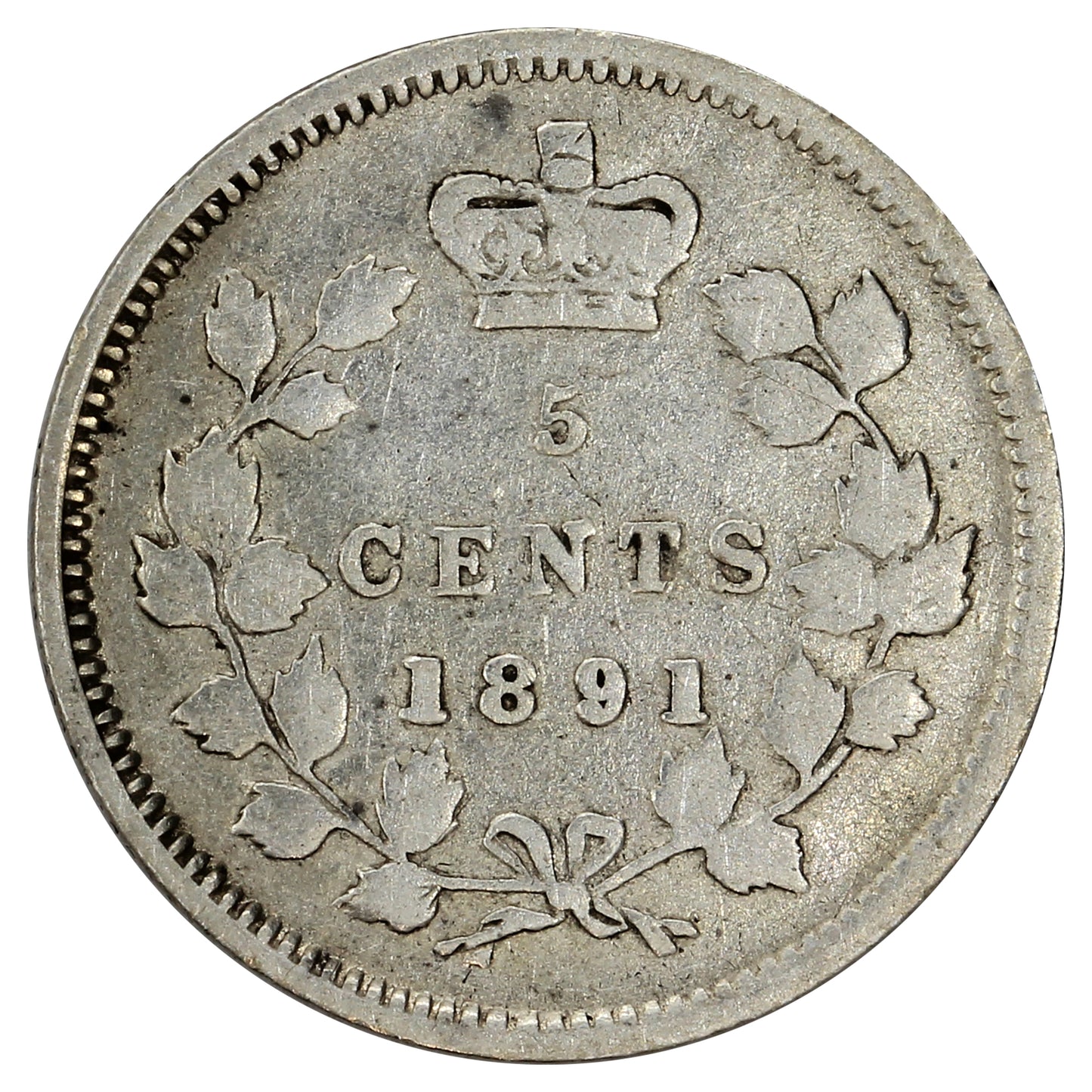 1891 Obv. 2 Canada 5-cents Fine (F12) (Scratched or Spots)