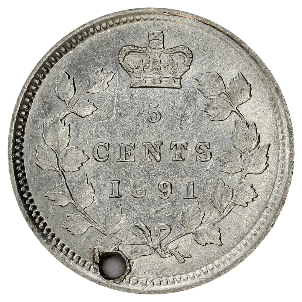 1891 Obv. 5 Canada 5-cents EF-AU (EF45) (Hole)