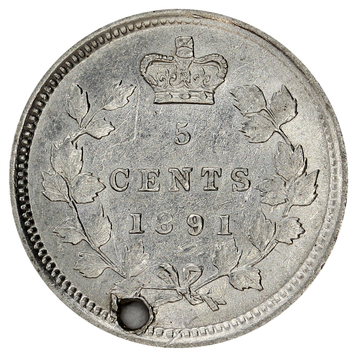 1891 Obv. 5 Canada 5-cents EF-AU (EF45) (Hole)
