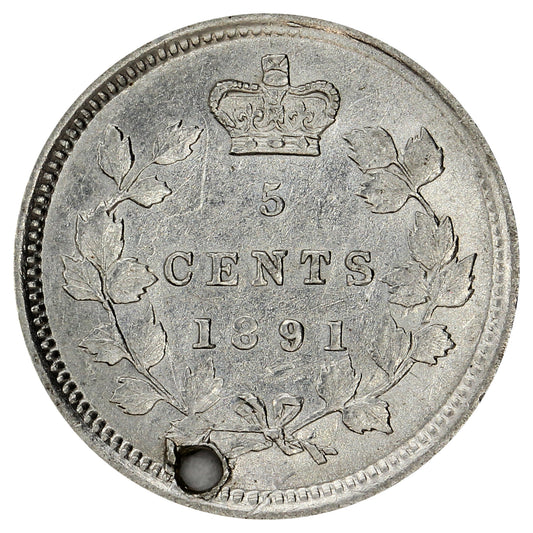 1891 Obv. 5 Canada 5-cents EF-AU (EF45) (Hole)