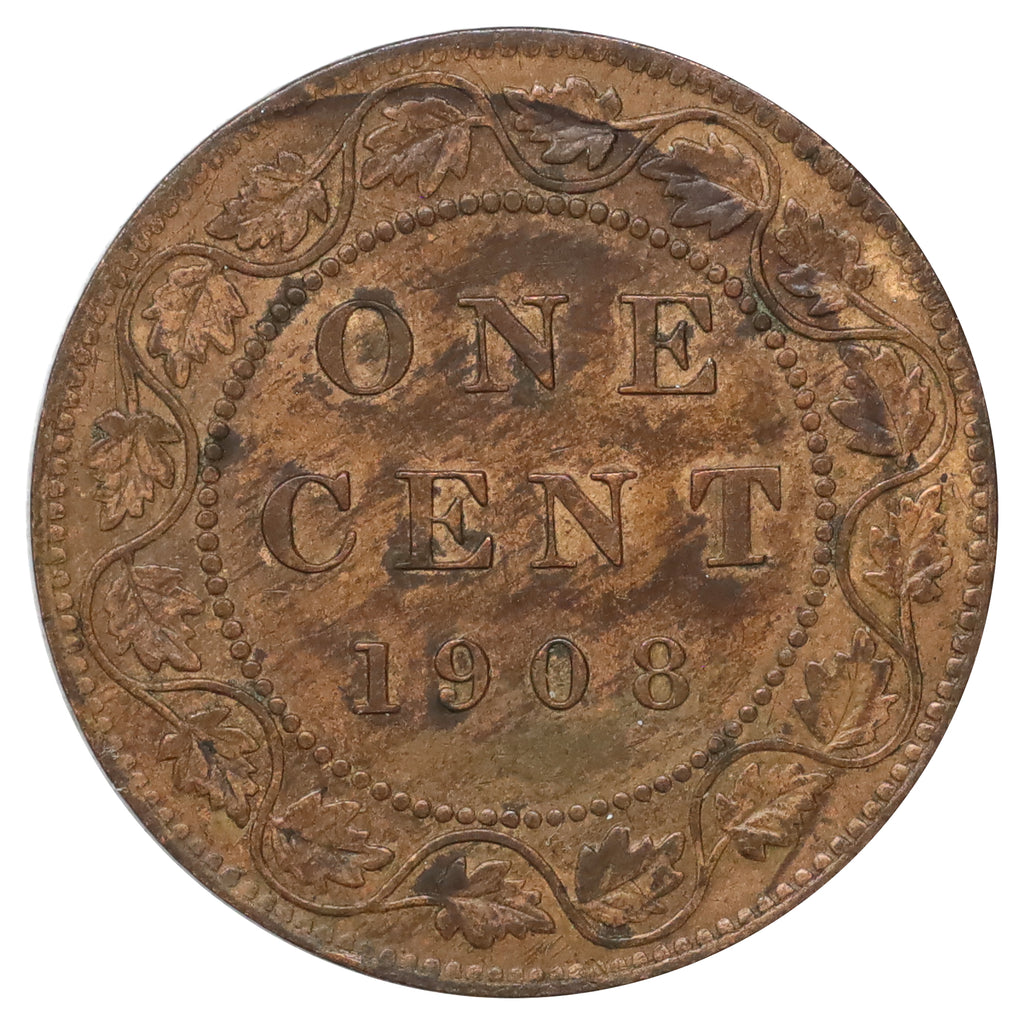 1908 Canada 1-cent Extra Fine (EF40) toned, marked, or spotted