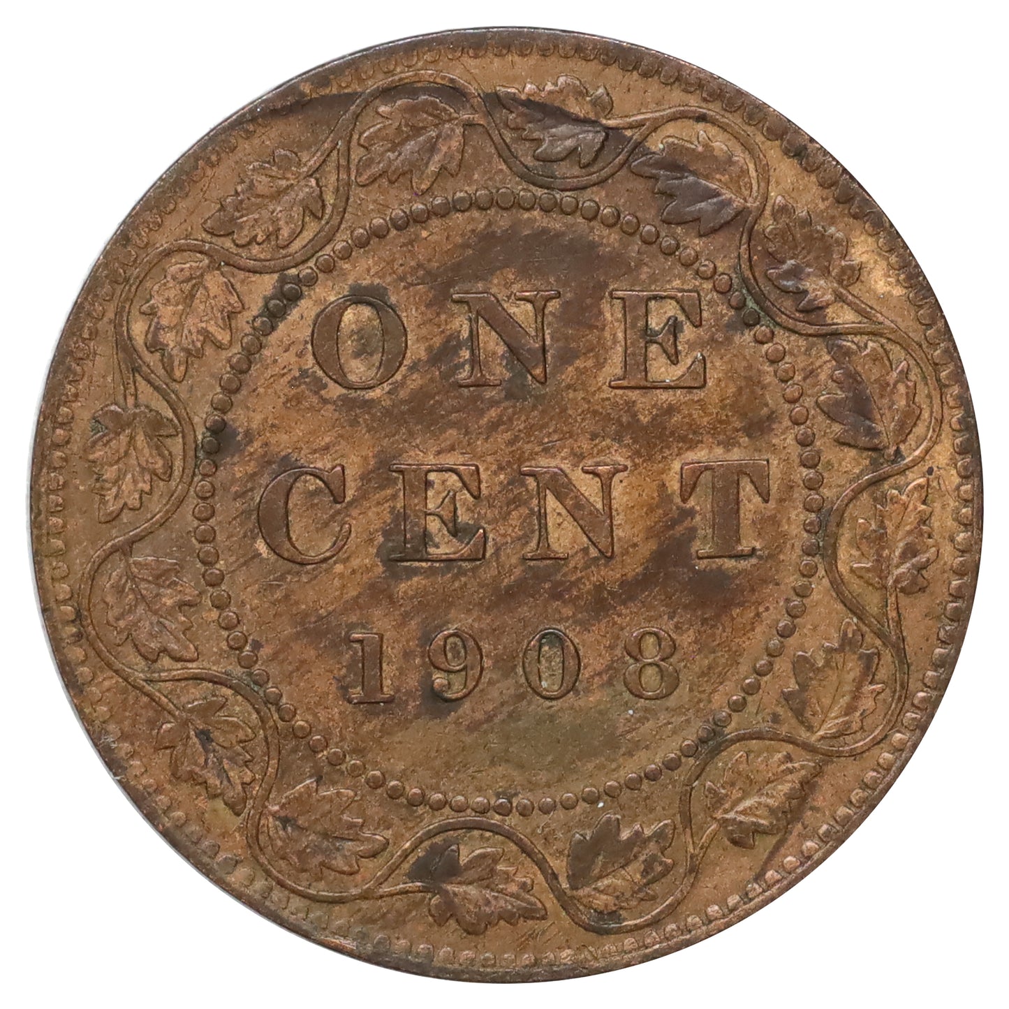 1908 Canada 1-cent Extra Fine (EF40) toned, marked, or spotted