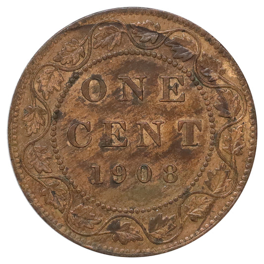 1908 Canada 1-cent Extra Fine (EF40) toned, marked, or spotted
