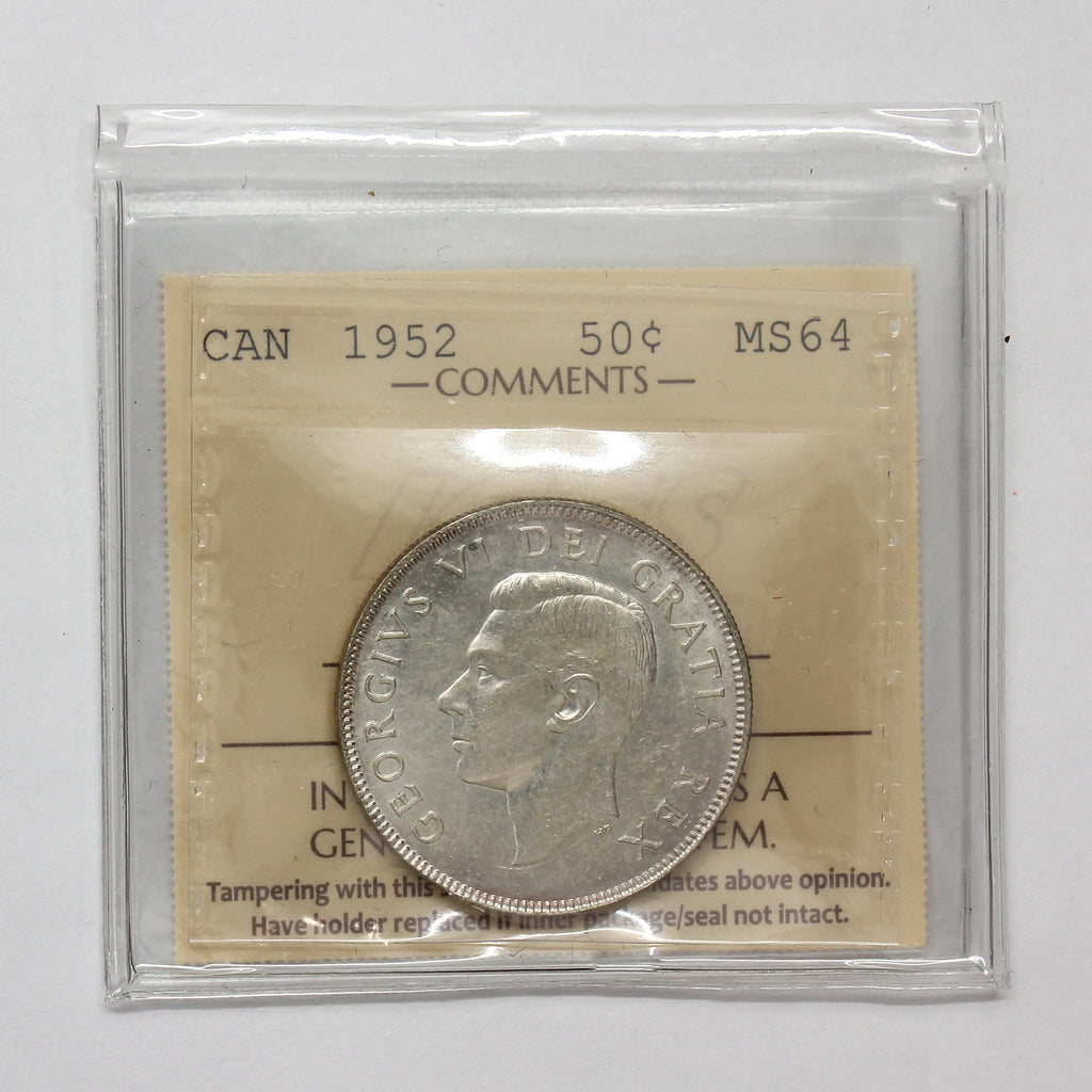 1952 Canada 50-cents ICCS Certified MS64 (Toned)