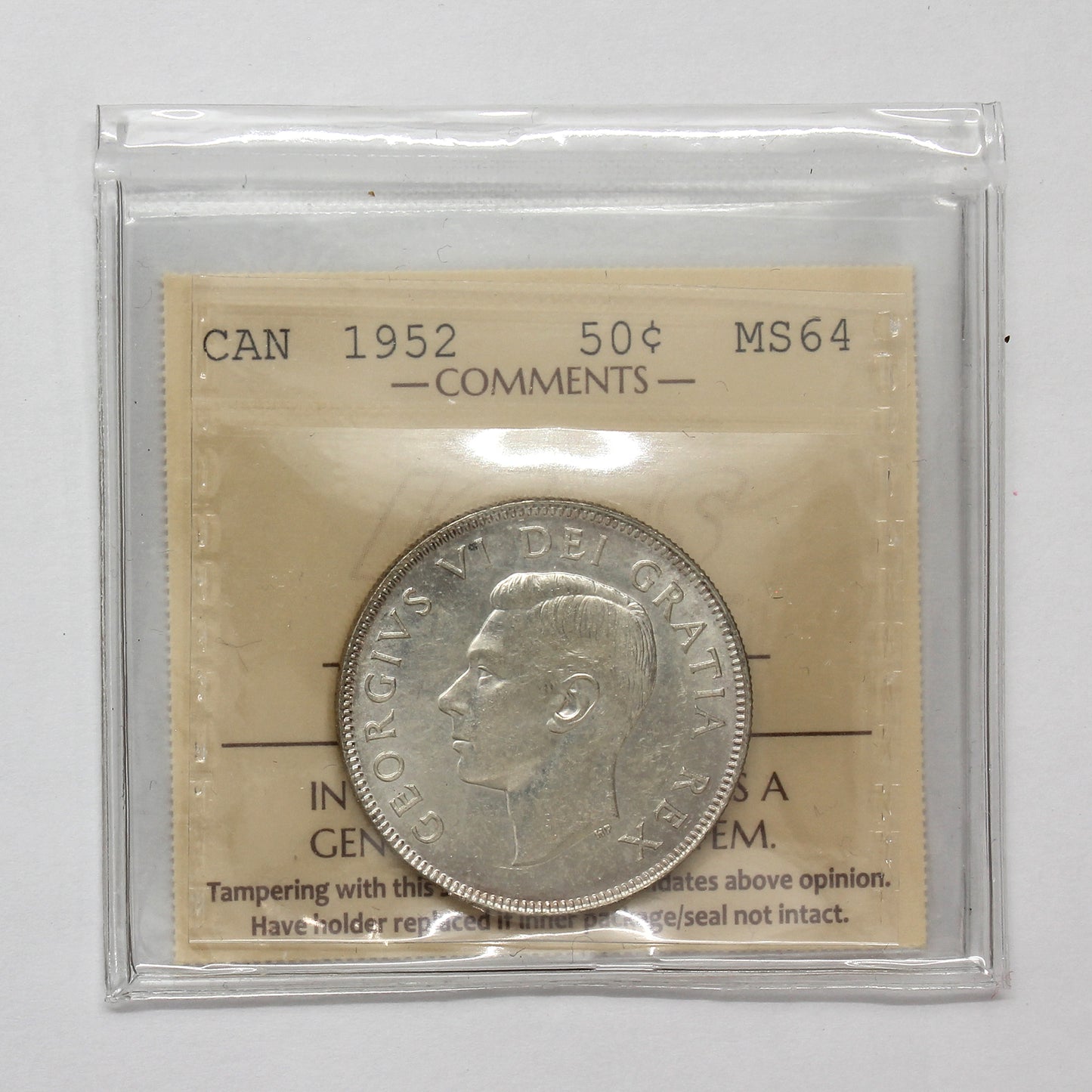 1952 Canada 50-cents ICCS Certified MS64 (Toned)