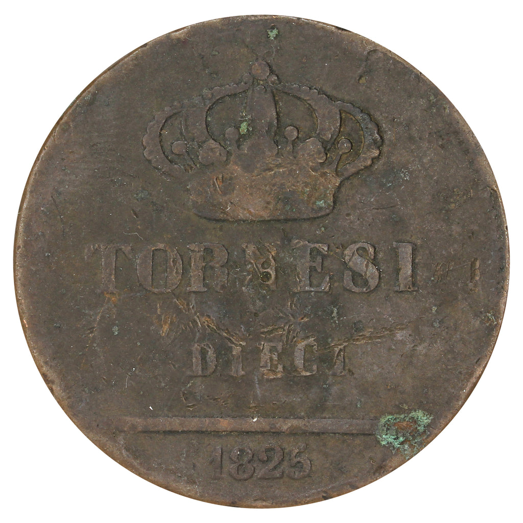 Italian States 1825 Naples 10 Tornesi G-VG (G6) (Corroded)